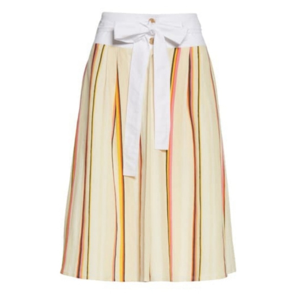 Tory Burch Yellow Cream Midi A-Line Skirt with Pleats and Tie Front